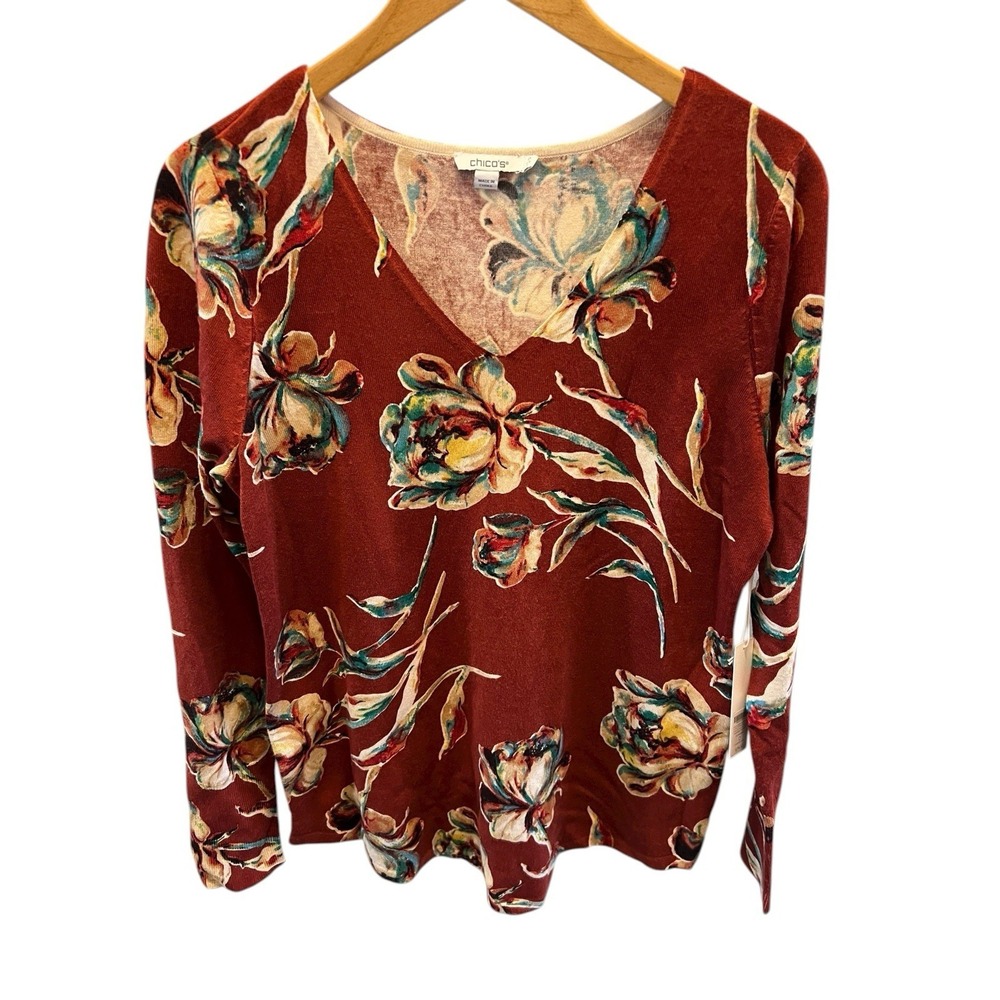 Chicos Floral Impress V-Neck Sweater Pullover Rayon Blend 0 Small Multicolor NWT - Picture 1 of 8